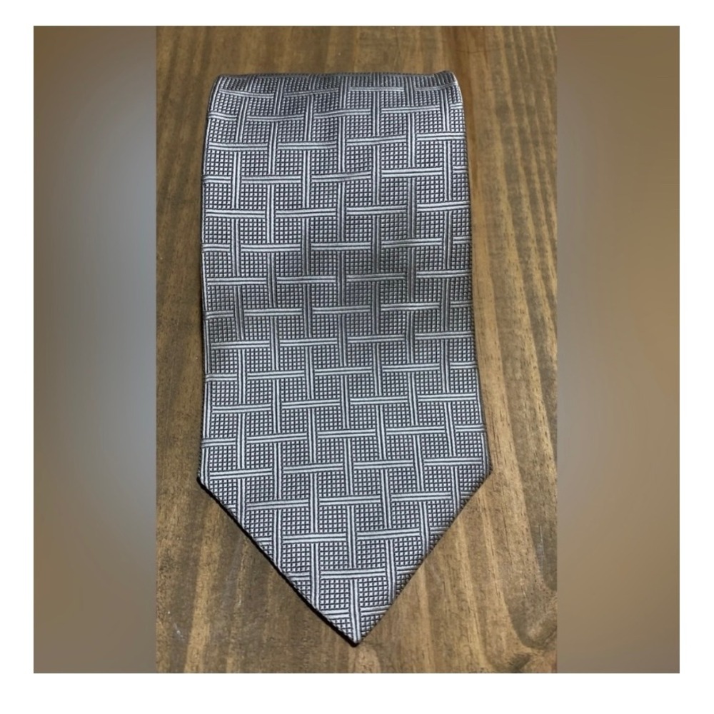 Villa Bugatti Silver Grey Geometric Silk Tie Vintage Retro Quiet Luxury Preppy